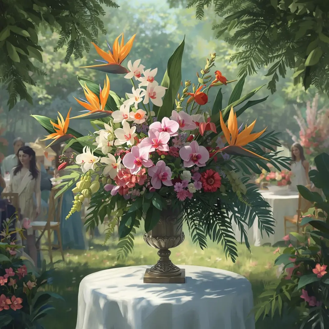 Elegant event backdrop with floral arrangements